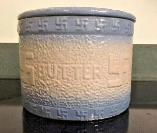 Antique Blue White Indian Stoneware Rolling Log Butter Crock Jar W/lid