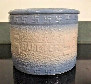 Antique Blue White Indian Stoneware Rolling Log Butter Crock Jar w/Lid 2