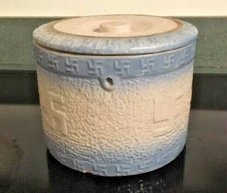 Antique Blue White Indian Stoneware Rolling Log Butter Crock Jar w/Lid 8