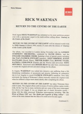 Rick Wakeman Return to the Centre of the Earth,  EMI media pack 1999 3