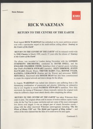 Rick Wakeman Return to the Centre of the Earth,  EMI media pack 1999 5