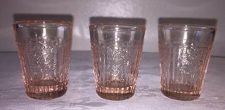 Set Of 3 Pink Depression Glass Mayfair / Open Rose Shot Glasses