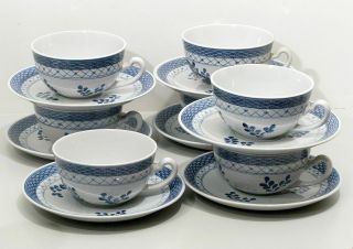Set of Seven ROYAL COPENHAGEN Tranquebar Cup & Saucer Blue White Fajance DENMARK 7