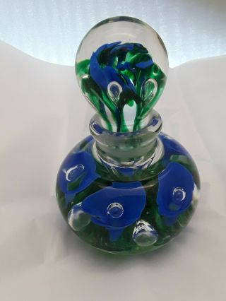 Vintage 1973 Maude Bob St Clair Blue Flower Art Glass Perfume Bottle Hand Blown