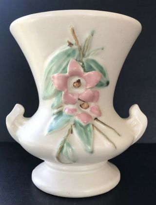 Vintage Mccoy Pottery Blossom Time Urn Vase 6 1/3” Matte White Pink Flowers