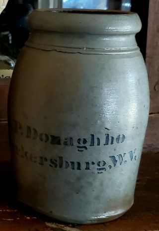 1860 - 80 A.  P.  Donaghho Parkersburg,  Wv Stoneware Canning Jar