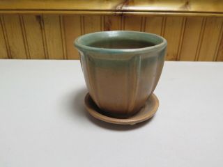 Early Mccoy Brown And Green Stoneware Fin Jardiniere W/ Saucer Flower Pot