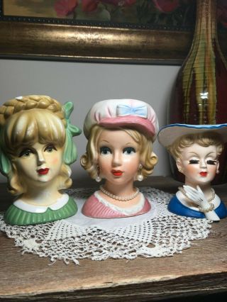 3 Lady Head Vase 5 1/2  Relpo - 5 3/4  Rubens - 4 1/2  Napco Vintage Headvase