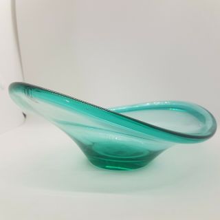 Vintage Teal Turquoise Art Glass Dish Handmade Bowl Oval Wavy Decorative Studio