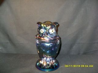 Amethyst Iridescent Carnival Glass Owl Candy Jar And Is Lidded