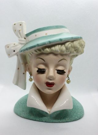 Vintage 1959 Napco Lady Head Vase/planter Pearl Earrings Hat With Bow C3959c