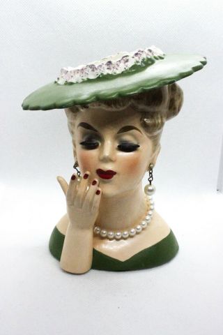 Vintage Napco Lady Head Vase/planter Pearl Earrings/necklace Green Hat C3307