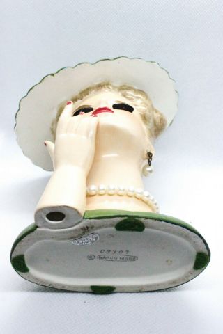 VINTAGE NAPCO LADY HEAD VASE/PLANTER PEARL EARRINGS/NECKLACE GREEN HAT C3307 6