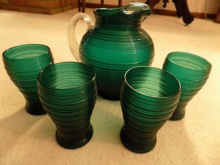 Vintage Green Water Lemonade Juice Pitcher With 4 Matching Glasses Set