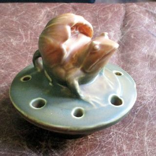 Rare Antique Weller ? Pottery Green & Brown Flower Frog Lotus Lily