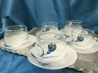 Set Of 5 Frosted And Clear Glass Cup Saucer Blue Handpainted Crocus Gold Votive