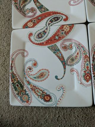 4 Tabletops Gallery Multi Paisley 10 1/2” Square Dinner Plates Hand Painted