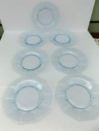 Set Of 7 Cambridge Glass Cleo 8 1/2 " Plates Willow Blue Decagon Shape