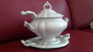 Vintage White Ironstone Soup Tureen,  Red Cliff 11 " High With Base,  Lid,  And Lade