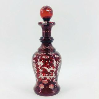 Vintage Egermann Ruby Red Cranberry Cut To Clear Crystal Decanter Stag Deer Bird