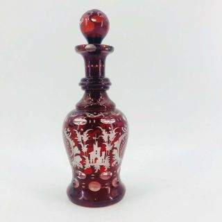 Vintage Egermann Ruby Red Cranberry Cut to Clear Crystal Decanter Stag Deer Bird 3