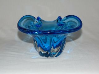 Vintage Mid Century Modern Italian Murano Aqua Blue Art Glass Vase Bowl A,