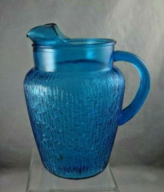 Vintage Pagoda Anchor Hocking Laser Blue Glass Textured Pitcher With Ice Lip