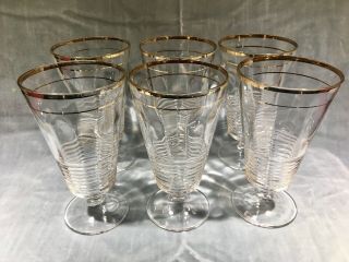 Set Of 6 Federal Glass 145 Water Tea Goblets Ringed Optic Gold Rim