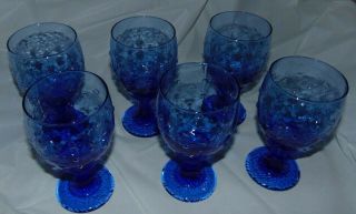 Set Of 6 Libbey Medium Cobalt Blue Raised Dots Glasses 6.  5 " Water Wine Goblets