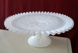 Fenton Milk Glass Silvercrest Spanish Lace Footed Pedestal Cake Stand Plate