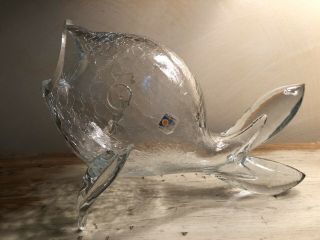 Blenko Glass Clear Crackle Fish Vase Bowl.