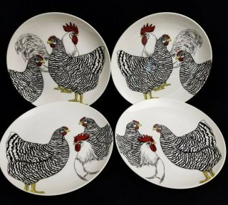 Rare Fitz & Floyd Coq Du Village Rooster Hen Salad Plates Set Of 4 Discontinued