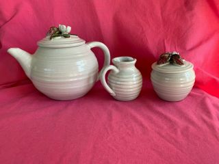Rackliffe Blue Hill Maine Pottery Teapot,  Cream Pitcher & Sugar Bowl Strawberry