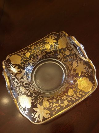 Vintage Glass Gold Etched Handled Candy Dish Centerpiece