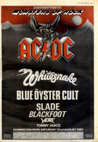 F24 Newspaper Poster/advert 15x11 " Monsters Of Rock Concert 1981 Ac/dc