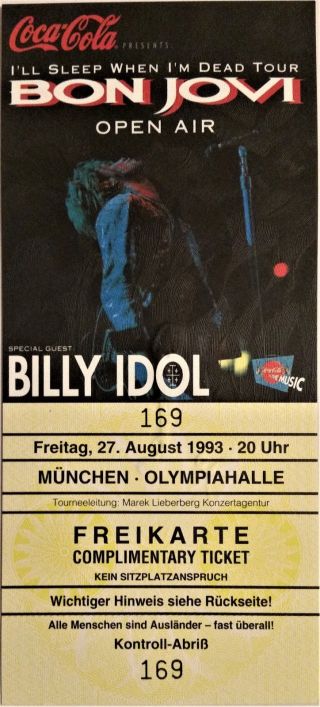 Bon Jovi - Complimentary Concert Ticket 1993 Munich,  Germany - Billy Idol