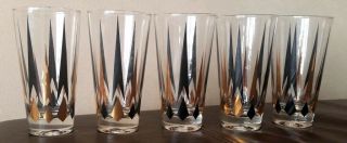 5 Mid Century Mcm Black Gold Atomic Arrow Diamond 3 1/2 " Juice Cocktail Glasses
