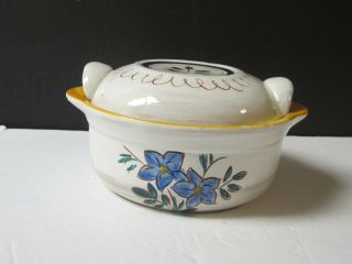 Vintage Stangl Pottery Indiviual Casserole Bowl W/ Lid Terra Rose Blue Flowers