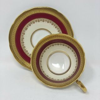 Aynsley England Windsor Teacup And Saucer Gold Red Bone China Intricate