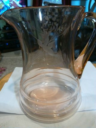 Pink Depression Glass Pitcher,  Etched With Flowers,  Perfect Cond.  8 " Stunning
