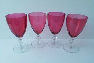 4 Cranberry Glass 6 - 1/4 " Water Goblets Optic Bowl Clear Stacked Stem