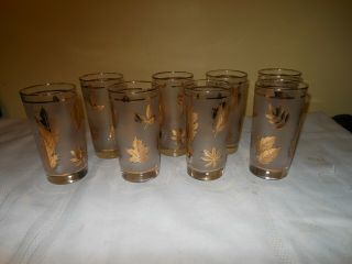 Vintage Set Of 8 Libby Gold Leaf Frosted Mid Century Modern Drinking Glasses