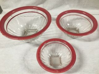 3pc Anchor Hocking Red Fired - On Vintage Depression Glass Mixing Bowls