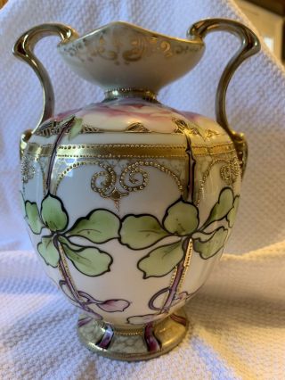 Antique Nippon Double Handled Vase With Flowers And Gold Accents