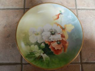 Antique Limoges France Hp Porcelain Art Nouveau Poppy Huge 13 " Plate,  Signed