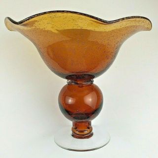 Vintage Footed Ball Hand Blown Handkerchief Bowl Amber Glass Vase 8 1/2 
