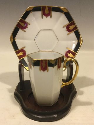 Antique Limoges Demitasse Cup & Saucer Arts & Crafts Design Gold Jewel Dots