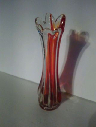 Vintage Mid Century Murano ? Art Glass Red Bud Stem Vase Decor Accessory 9 "