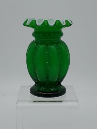 Vintage Fenton Glass Green Overlay Cased Beaded Melon Miniature 4” Bud Vase