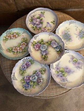 Antique Hand Painted Flower Reticulated Pierced Set 6 Nine Inch Plates Vintage